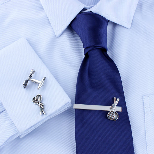 Silver Tennis Racket Pattern Men's Cufflinks And Tie Clip Set Formal Suit Accessories