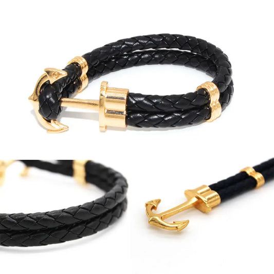 Shop a 6-piece textured braided bracelet set. Mix and match nautical anchor and hook styles in gold and silver tones for versatile wholesale accessories.