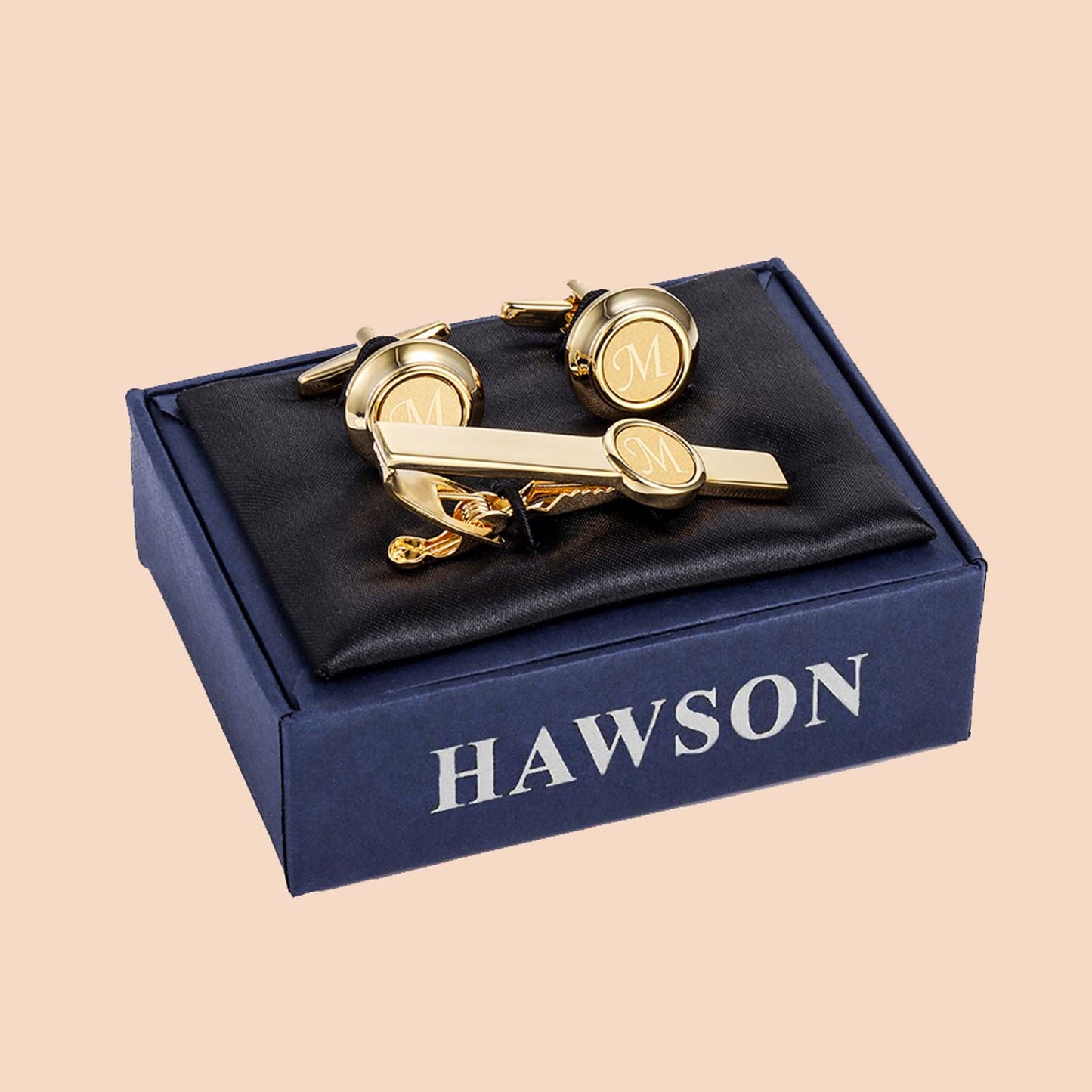 HAWSON Gold Tone Tie Clips and Cufflinks Set for Men