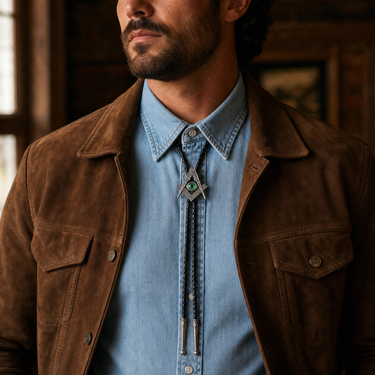 Masonic Square and Compasses Evil Eye Western Bolo Tie