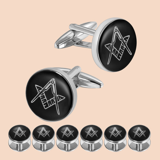 A set of men's cufflinks and studs with a gold and black enamel freemason design, displayed with eight additional interchangeable studs.