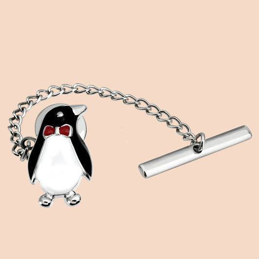 Men's Silver Penguin Tie Tack Pin with Chain Black White Red Enamel Formal Business Wedding Party Shirt Accessory