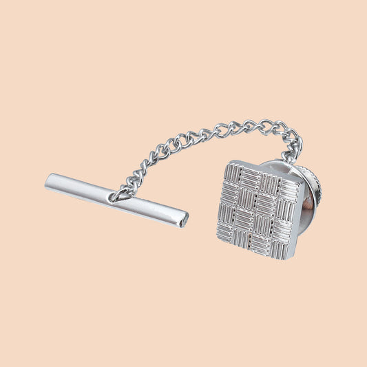 Men's Silver Square Grid Pattern Tie Tack Pin with Chain Formal Business Wedding Party Shirt Accessory