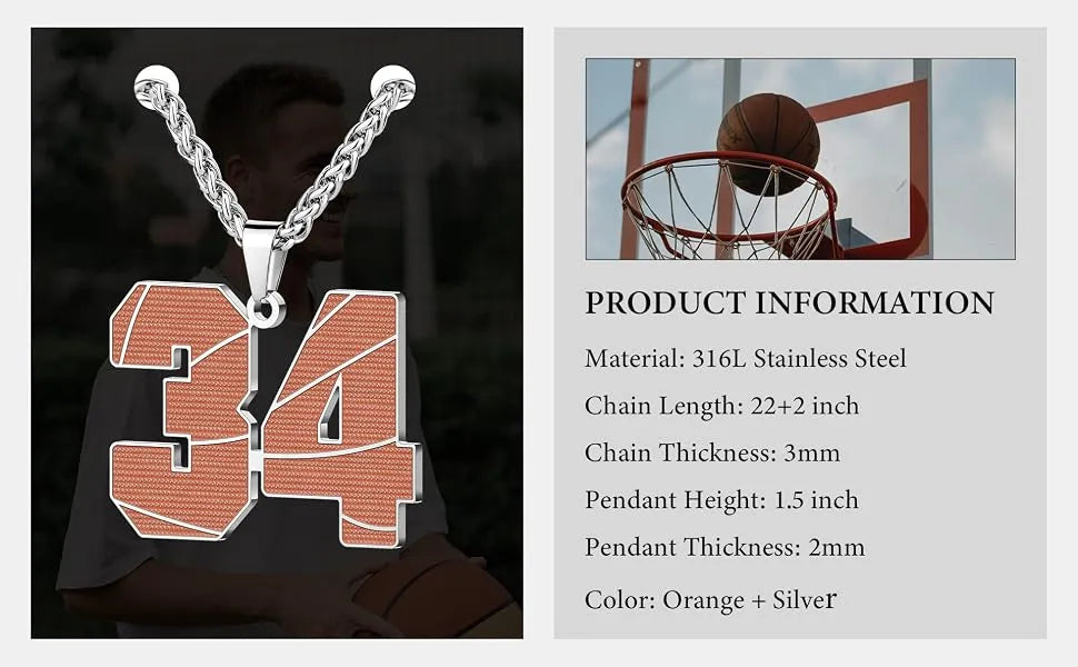Mens Basketball Necklace, 0-99 Jersey Number Basketball Charm Pendant