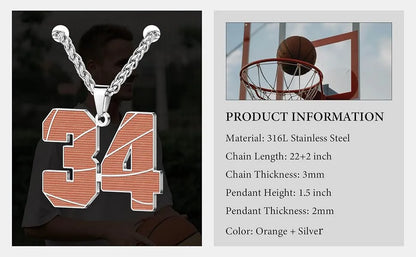 Mens Basketball Necklace, 0-99 Jersey Number Basketball Charm Pendant