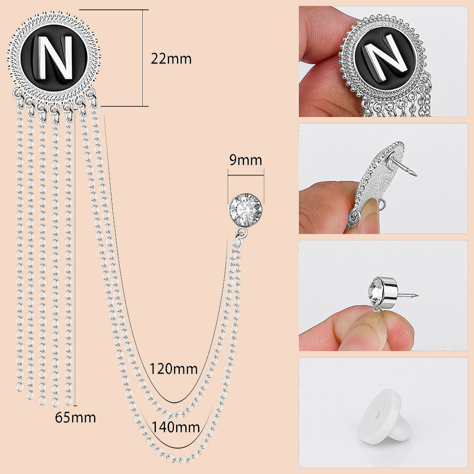 Silver Tone Initial Chain Brooch Lapel Pin for Men Suits