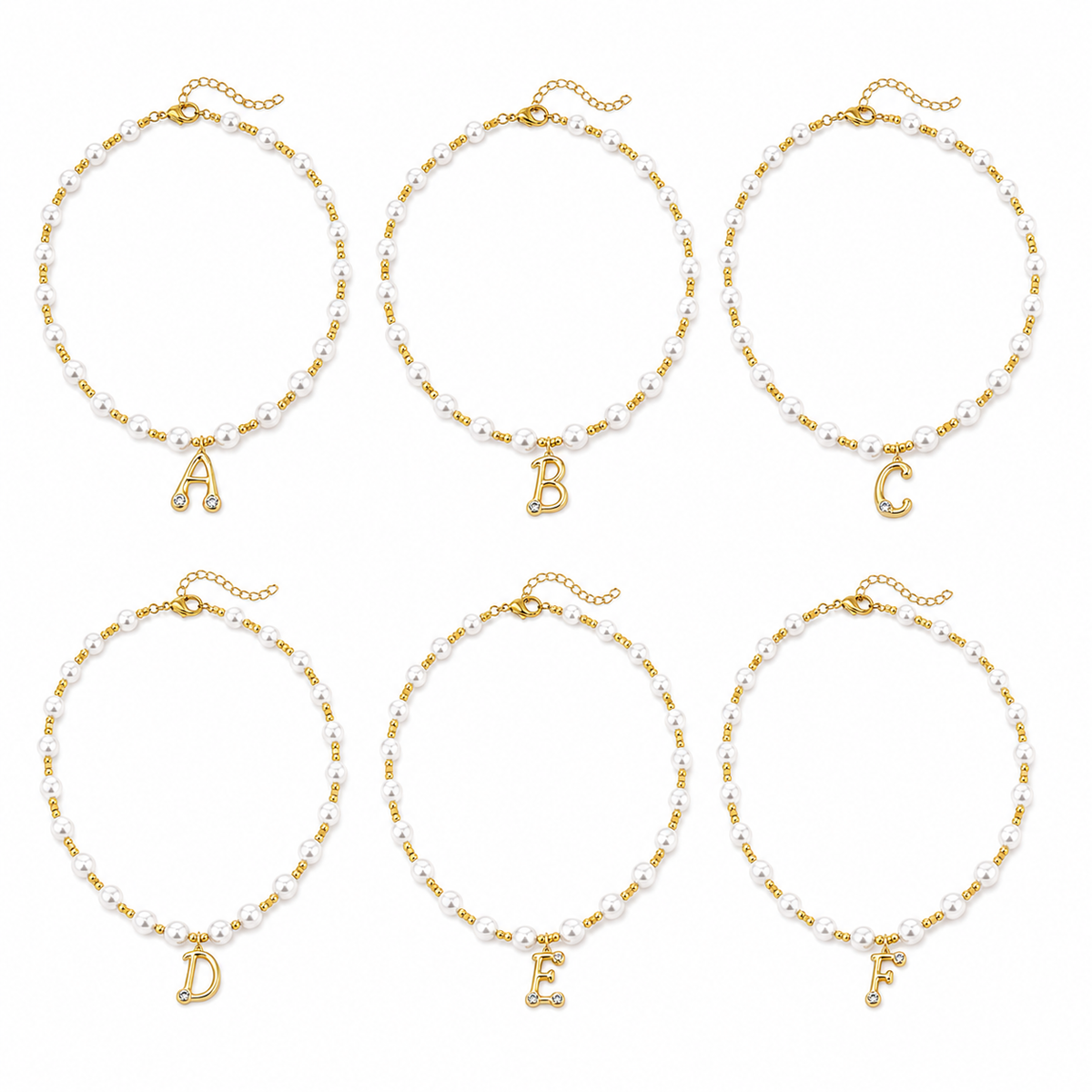 A-Z initial pearl beaded necklace set for women. Crystal decorated alphabet pendants, elegant personalized jewelry, great wholesale assortment & gift option.