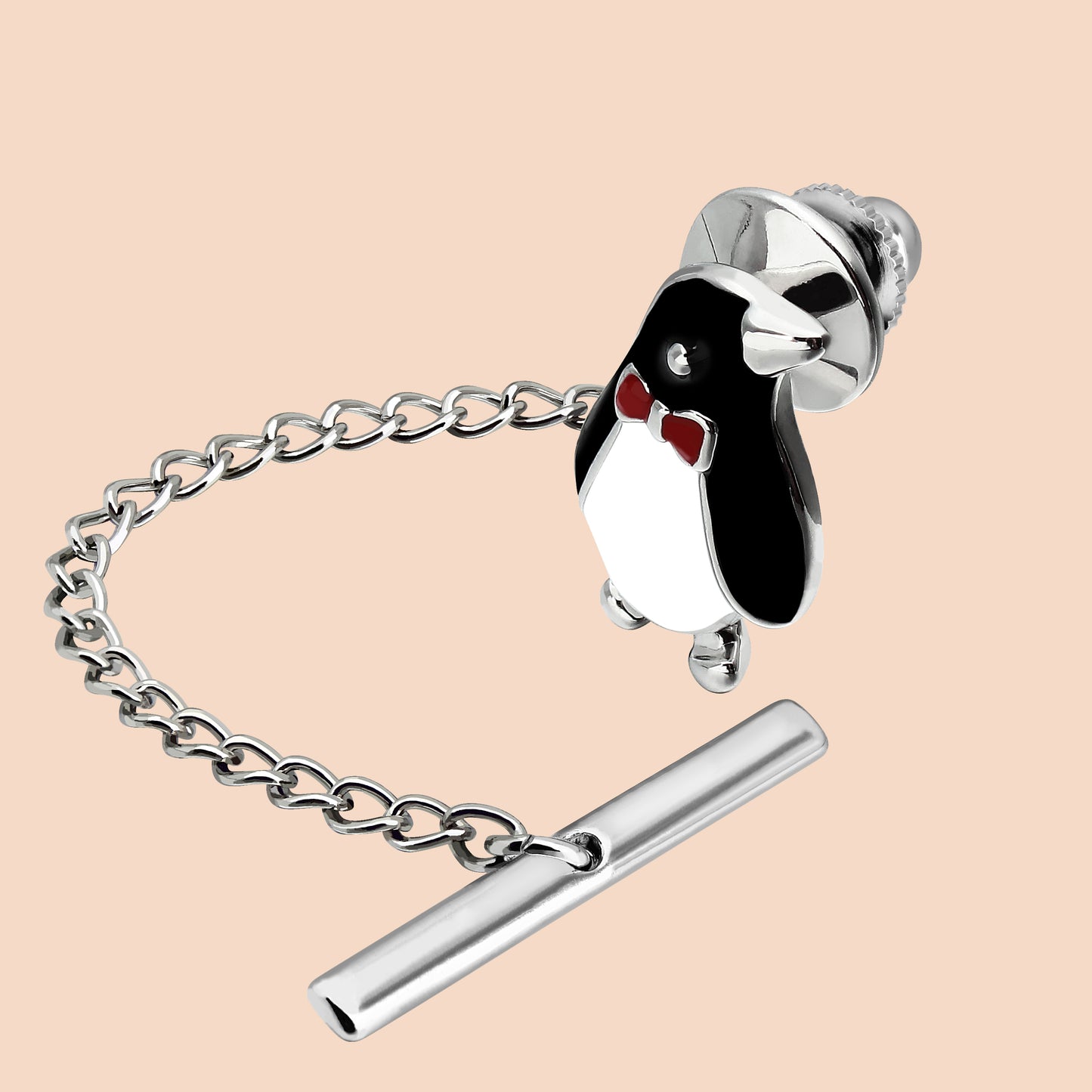 Penguin Tie Tack Pin with Chain Silver Tone Men's Animal Pattern Formal Business Wedding Accessory