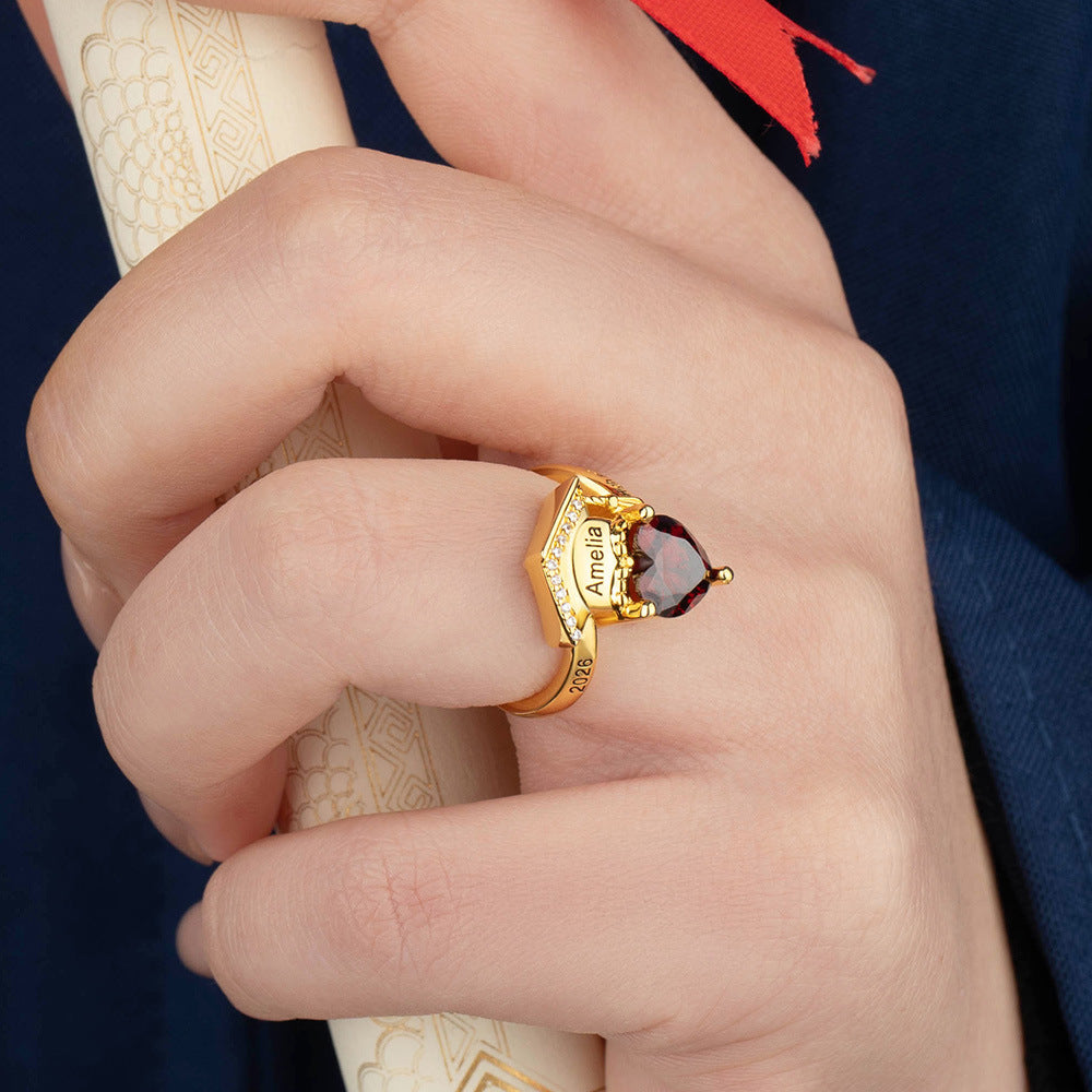 Personalized Gold Bachelor's Hat Name Graduation Ring with Birthstone for Graduation Ceremony