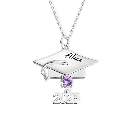Personalized Graduation Cap Silver Birthstone Necklace