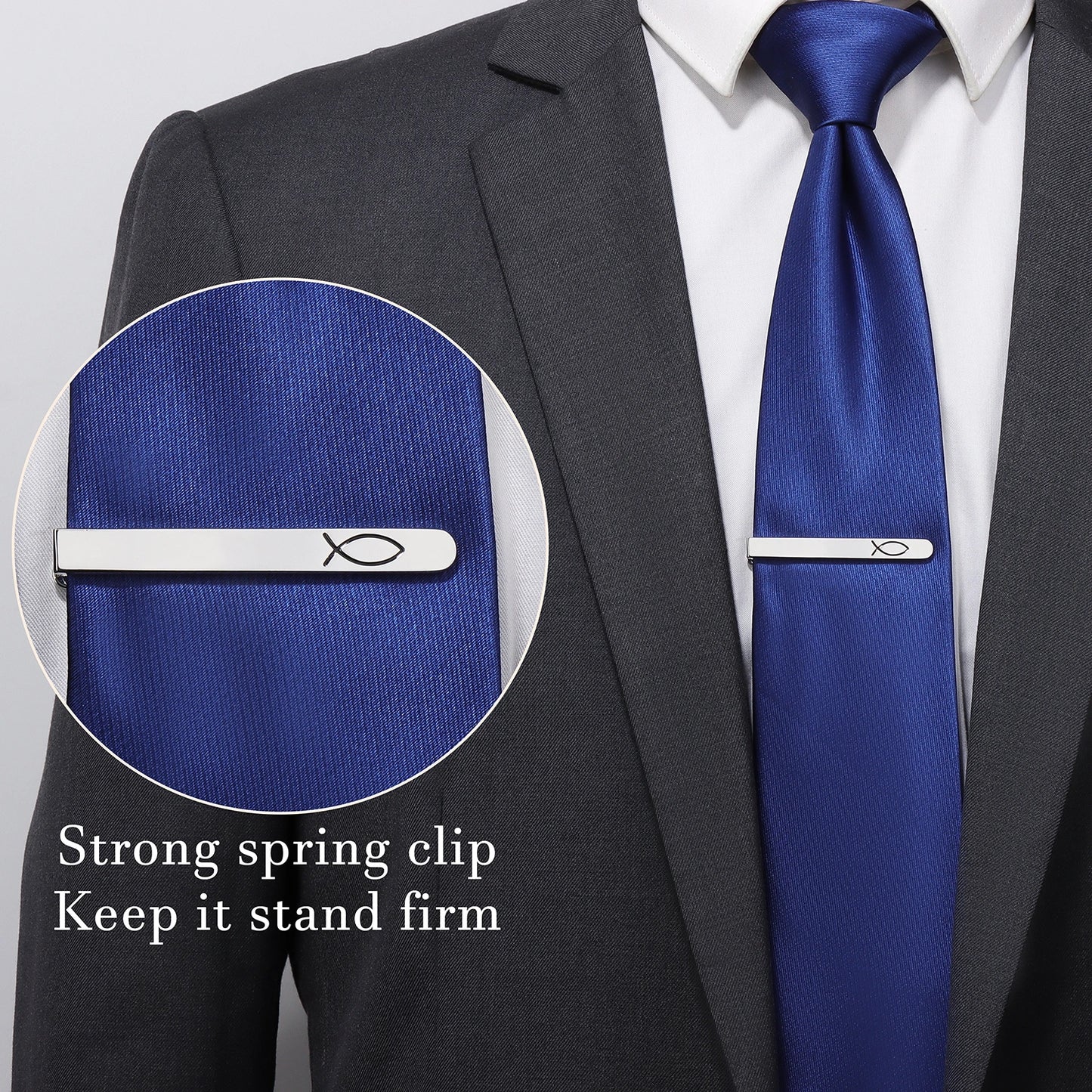 Silver Ichthys Fish Tie Clip | Stainless Steel Christian Jesus Fish Symbol Mens Formal Tie Bar