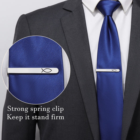 Silver Ichthys Fish Tie Clip | Stainless Steel Christian Jesus Fish Symbol Mens Formal Tie Bar
