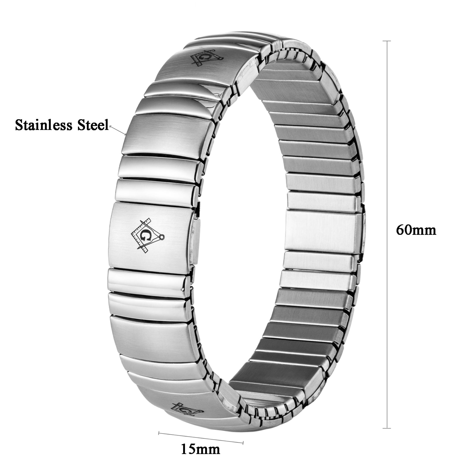Matte silver brushed surface delivers understated masculine texture. Inner diameter 60mm, band width 15mm