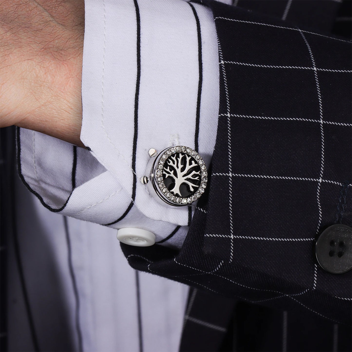 Tree of Life Crystal Button Covers | Silver Tone Enamel Mens Dress Shirt Cufflinks