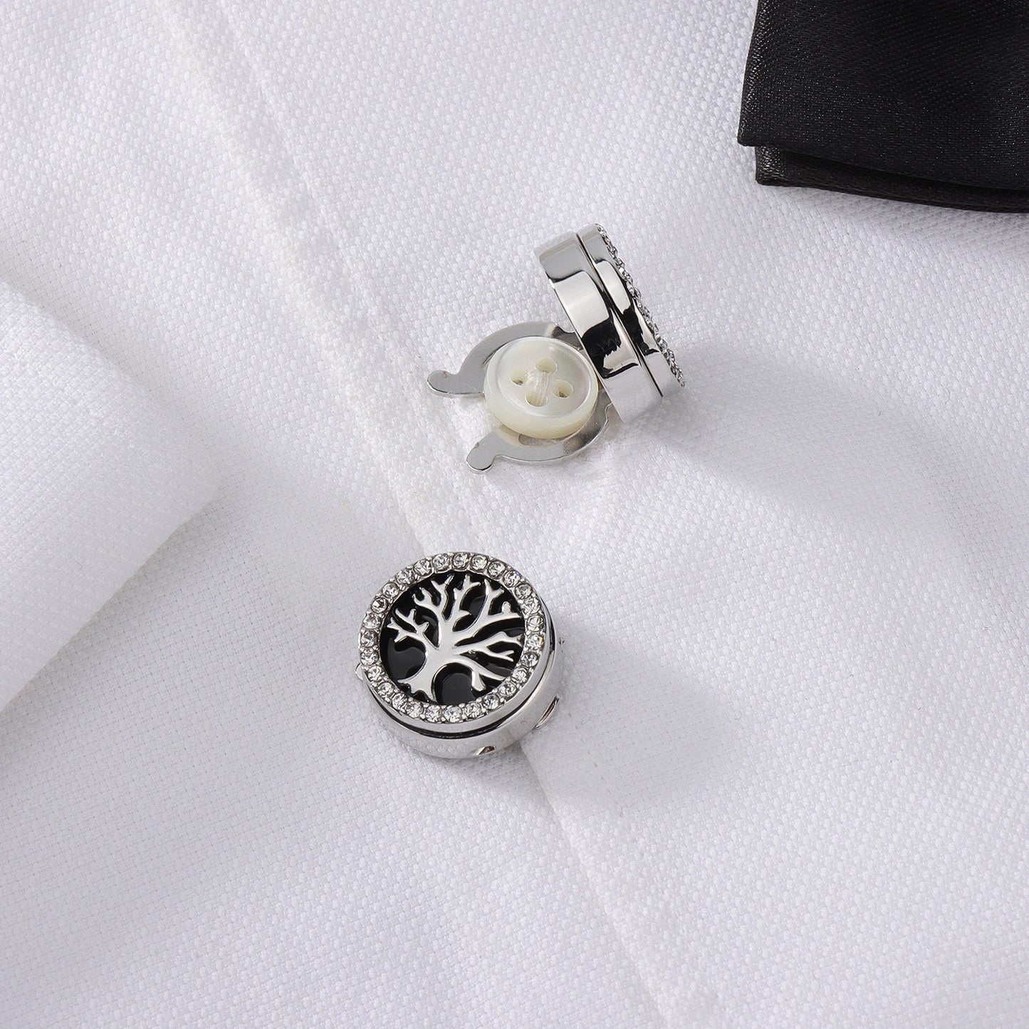 Tree of Life Crystal Button Covers | Silver Tone Enamel Mens Dress Shirt Cufflinks