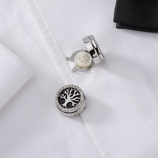 Tree of Life Crystal Button Covers | Silver Tone Enamel Mens Dress Shirt Cufflinks