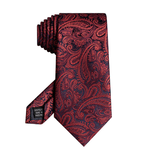 HAWSON Red Vintage Paisley Silk Tie for business attire, featuring retro swirl pattern on crimson background