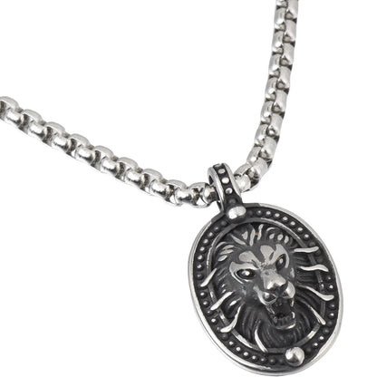 Shop a 6-piece vintage silver lion medallion necklace set. A bold statement piece with a substantial chain, perfect for streetwear and wholesale jewelry.