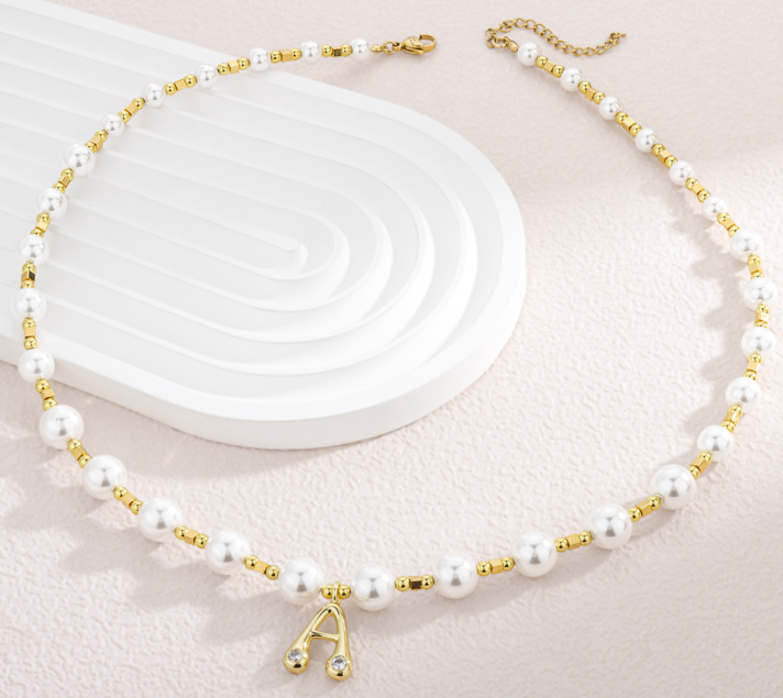 6Pcs Gold Plated A-Z Pearl Beaded Initial Necklace, Minimalist Letter Pendant