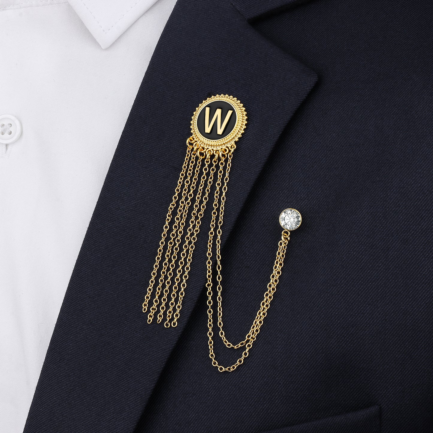 Gold Tone Initial Chain Laple Pin for Men Suits