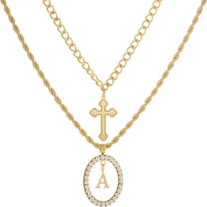 Wholesale 2-Piece Layered Initial Necklace | Cross & A-Z | MOQ6 | HAWSON