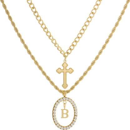 Wholesale 2-Piece Layered Initial Necklace | Cross & A-Z | MOQ6 | HAWSON