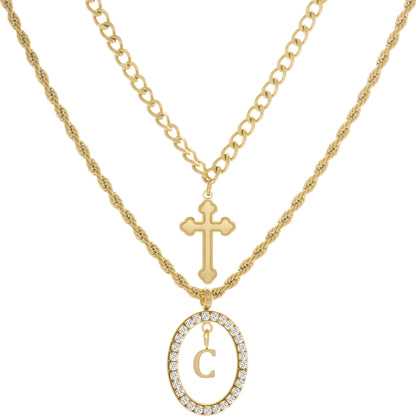 Wholesale 2-Piece Layered Initial Necklace | Cross & A-Z | MOQ6 | HAWSON