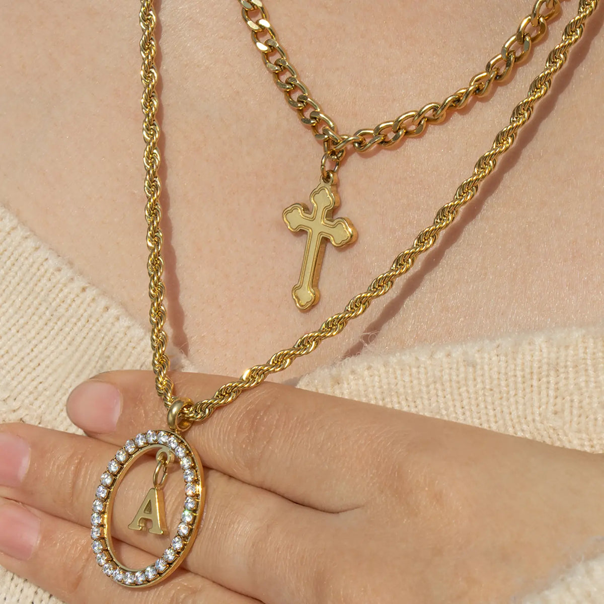 Wholesale 2-Piece Layered Initial Necklace | Cross & A-Z | MOQ6 | HAWSON