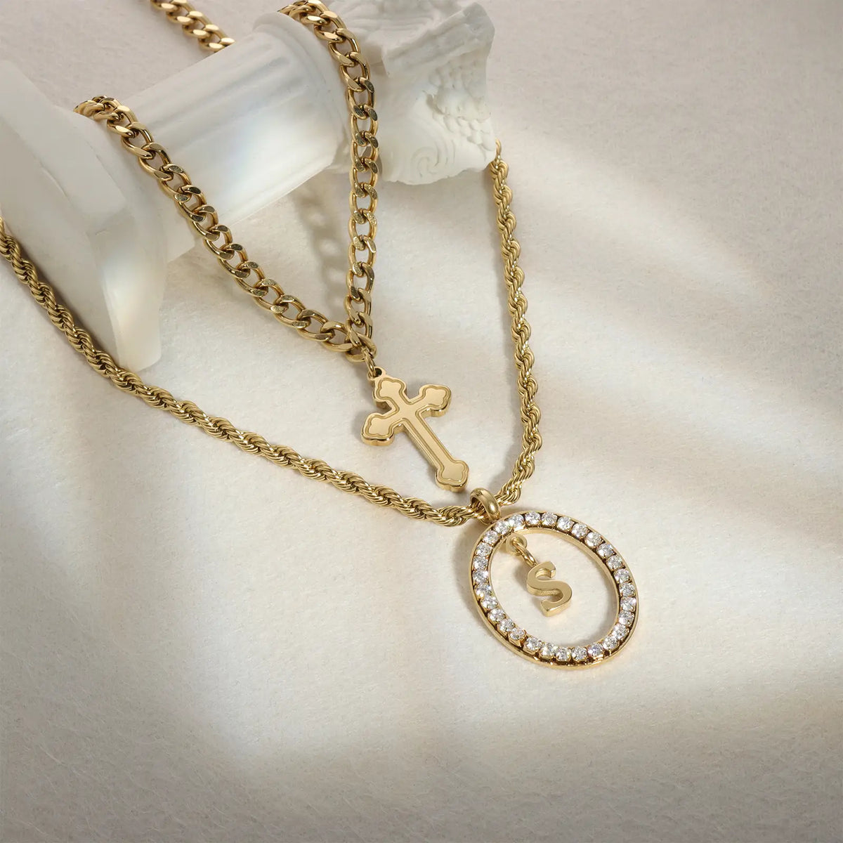 Wholesale 2-Piece Layered Initial Necklace | Cross & A-Z | MOQ6 | HAWSON