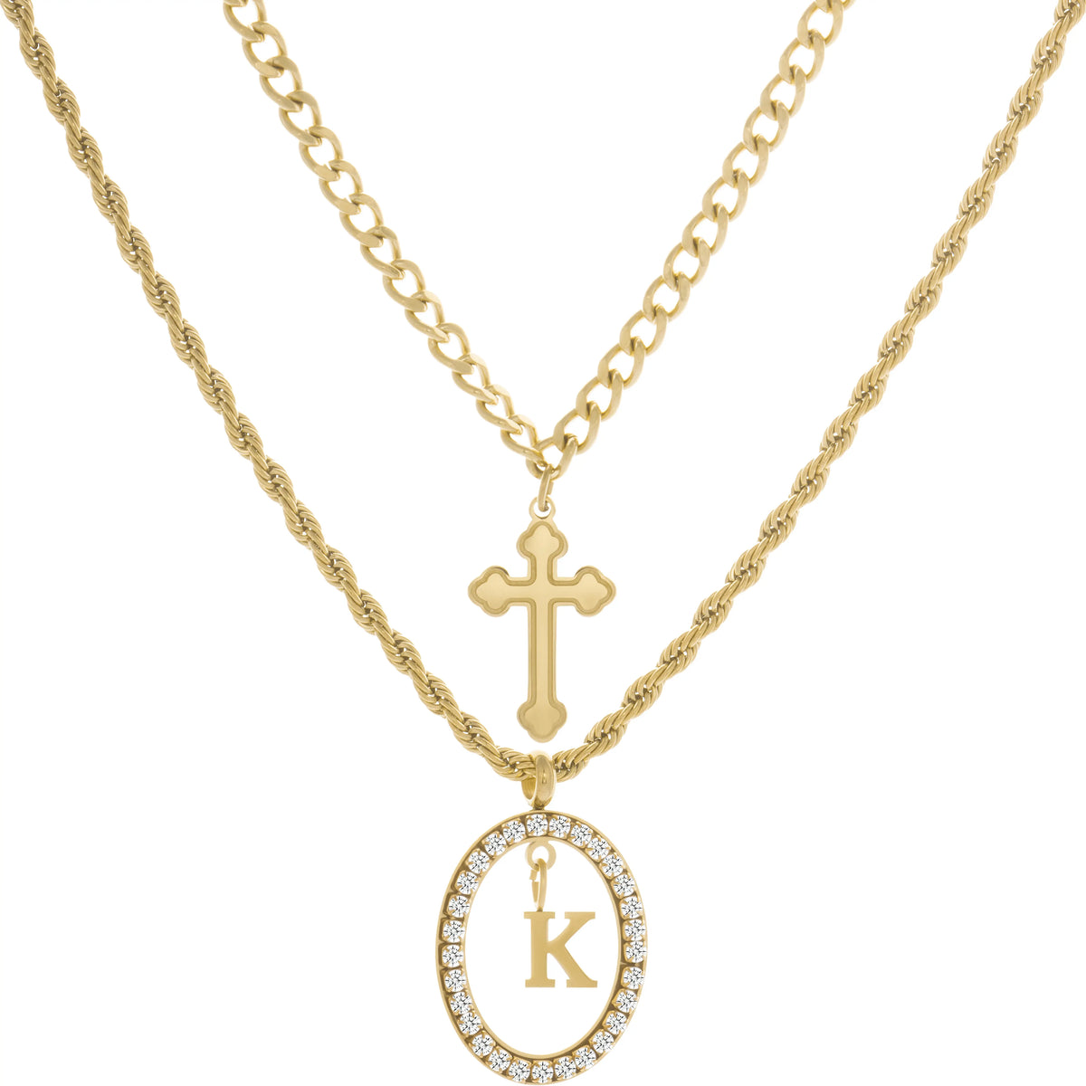 Wholesale 2-Piece Layered Initial Necklace | Cross & A-Z | MOQ6 | HAWSON