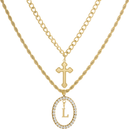 Wholesale 2-Piece Layered Initial Necklace | Cross & A-Z | MOQ6 | HAWSON