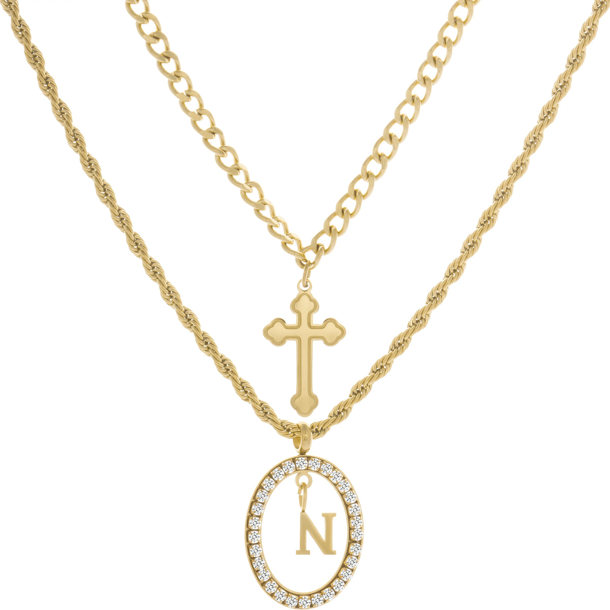 Wholesale 2-Piece Layered Initial Necklace | Cross & A-Z | MOQ6 | HAWSON