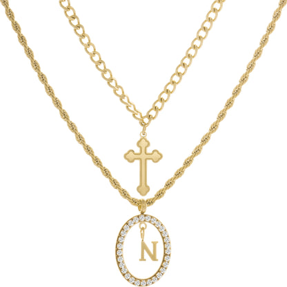 Wholesale 2-Piece Layered Initial Necklace | Cross & A-Z | MOQ6 | HAWSON