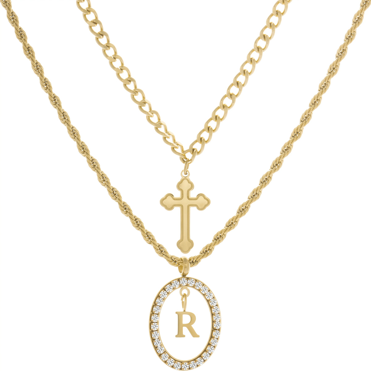 Wholesale 2-Piece Layered Initial Necklace | Cross & A-Z | MOQ6 | HAWSON