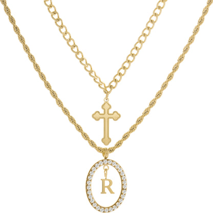 Wholesale 2-Piece Layered Initial Necklace | Cross & A-Z | MOQ6 | HAWSON