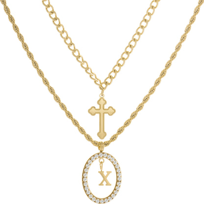Wholesale 2-Piece Layered Initial Necklace | Cross & A-Z | MOQ6 | HAWSON