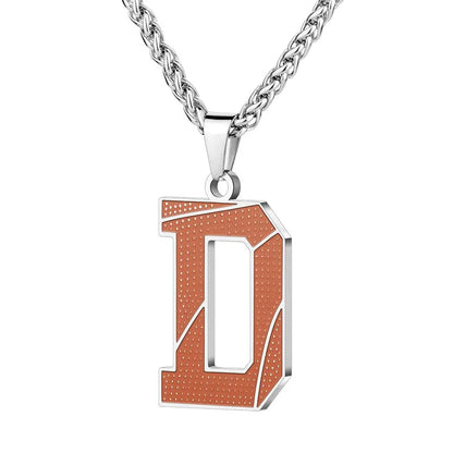 A curated collection of basketball-textured initial letter necklaces designed for wholesale buyers. Featuring a detailed basketball-grain finish on a stainless steel pendant and matching chain.