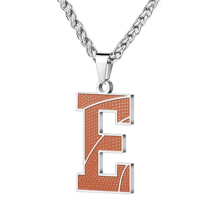 A curated collection of basketball-textured initial letter necklaces designed for wholesale buyers. Featuring a detailed basketball-grain finish on a stainless steel pendant and matching chain.