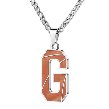 A curated collection of basketball-textured initial letter necklaces designed for wholesale buyers. Featuring a detailed basketball-grain finish on a stainless steel pendant and matching chain.