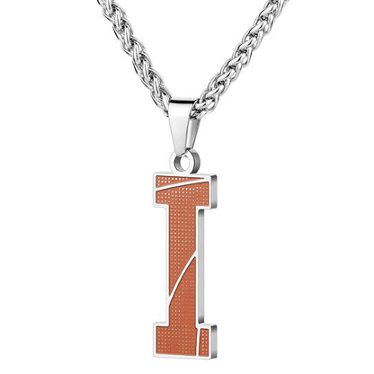 A curated collection of basketball-textured initial letter necklaces designed for wholesale buyers. Featuring a detailed basketball-grain finish on a stainless steel pendant and matching chain. 