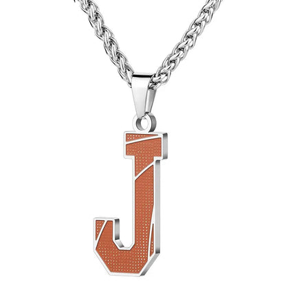 A curated collection of basketball-textured initial letter necklaces designed for wholesale buyers. Featuring a detailed basketball-grain finish on a stainless steel pendant and matching chain. 
