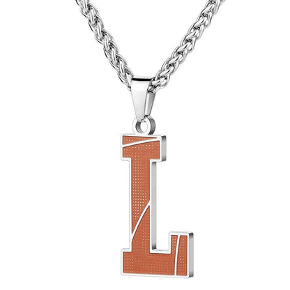 A curated collection of basketball-textured initial letter necklaces designed for wholesale buyers. Featuring a detailed basketball-grain finish on a stainless steel pendant and matching chain. 