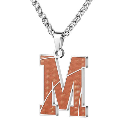A curated collection of basketball-textured initial letter necklaces designed for wholesale buyers. Featuring a detailed basketball-grain finish on a stainless steel pendant and matching chain. 