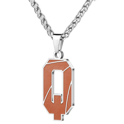 A curated collection of basketball-textured initial letter necklaces designed for wholesale buyers. Featuring a detailed basketball-grain finish on a stainless steel pendant and matching chain.