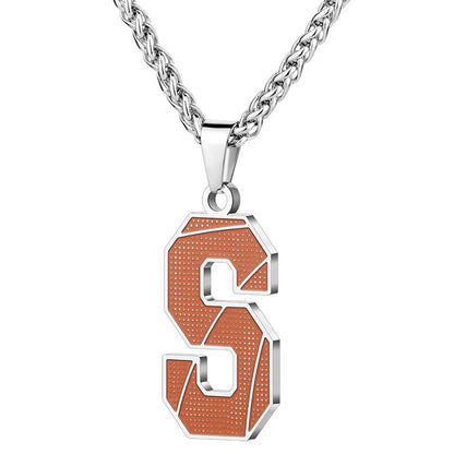 A curated collection of basketball-textured initial letter necklaces designed for wholesale buyers. Featuring a detailed basketball-grain finish on a stainless steel pendant and matching chain. 