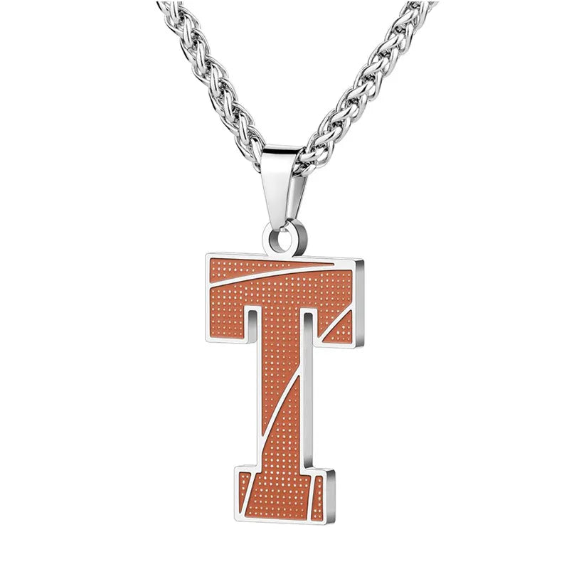 A curated collection of basketball-textured initial letter necklaces designed for wholesale buyers. Featuring a detailed basketball-grain finish on a stainless steel pendant and matching chain.