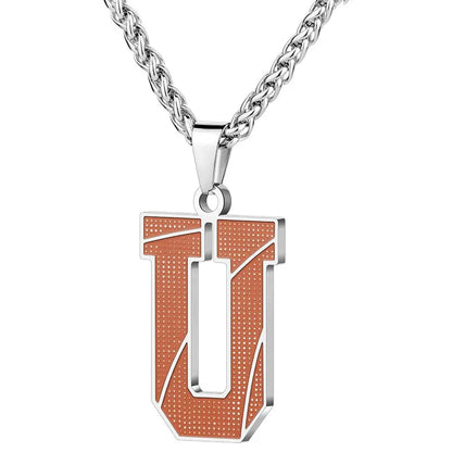 A curated collection of basketball-textured initial letter necklaces designed for wholesale buyers. Featuring a detailed basketball-grain finish on a stainless steel pendant and matching chain.