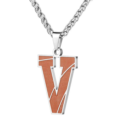 A curated collection of basketball-textured initial letter necklaces designed for wholesale buyers. Featuring a detailed basketball-grain finish on a stainless steel pendant and matching chain. 