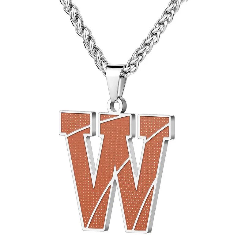 A curated collection of basketball-textured initial letter necklaces designed for wholesale buyers. Featuring a detailed basketball-grain finish on a stainless steel pendant and matching chain. 