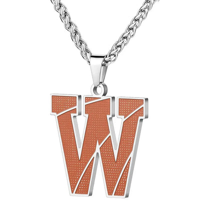 A curated collection of basketball-textured initial letter necklaces designed for wholesale buyers. Featuring a detailed basketball-grain finish on a stainless steel pendant and matching chain. 